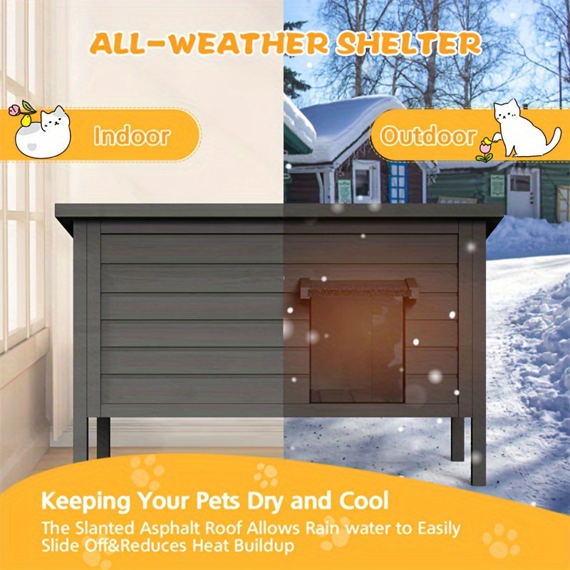 Outdoor Cat House Insulated Waterproof – 6-Side Foam Insulated Solid Wood Feral Cat Shelter with Feeding Station, Fits 2-3 Cats, 34.4"L×21.7"W×27.2"H