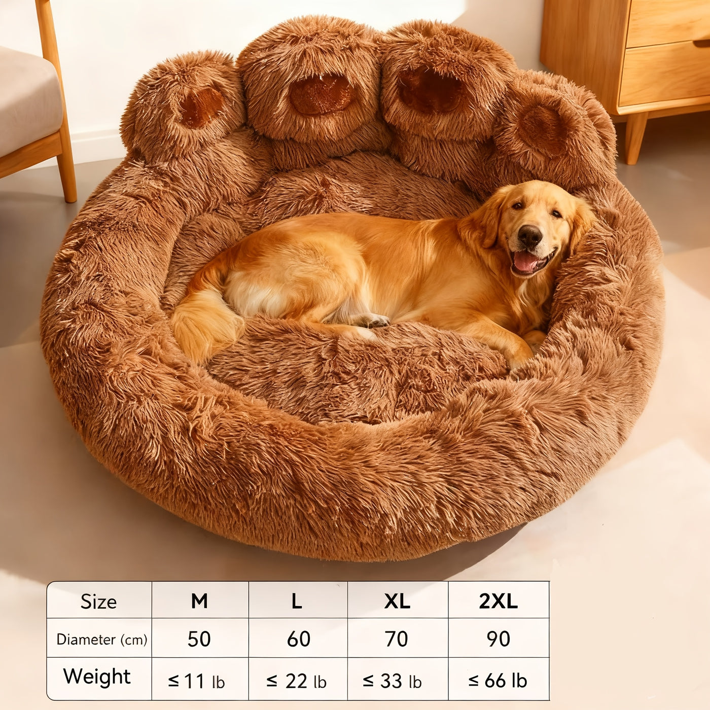 Bear Paw Round Plush Pet Bed for Dogs & Cats – Cute Warm Non-Slip Soft Bed for Small, Medium & Large Pets, 20/24/28/36 Inch