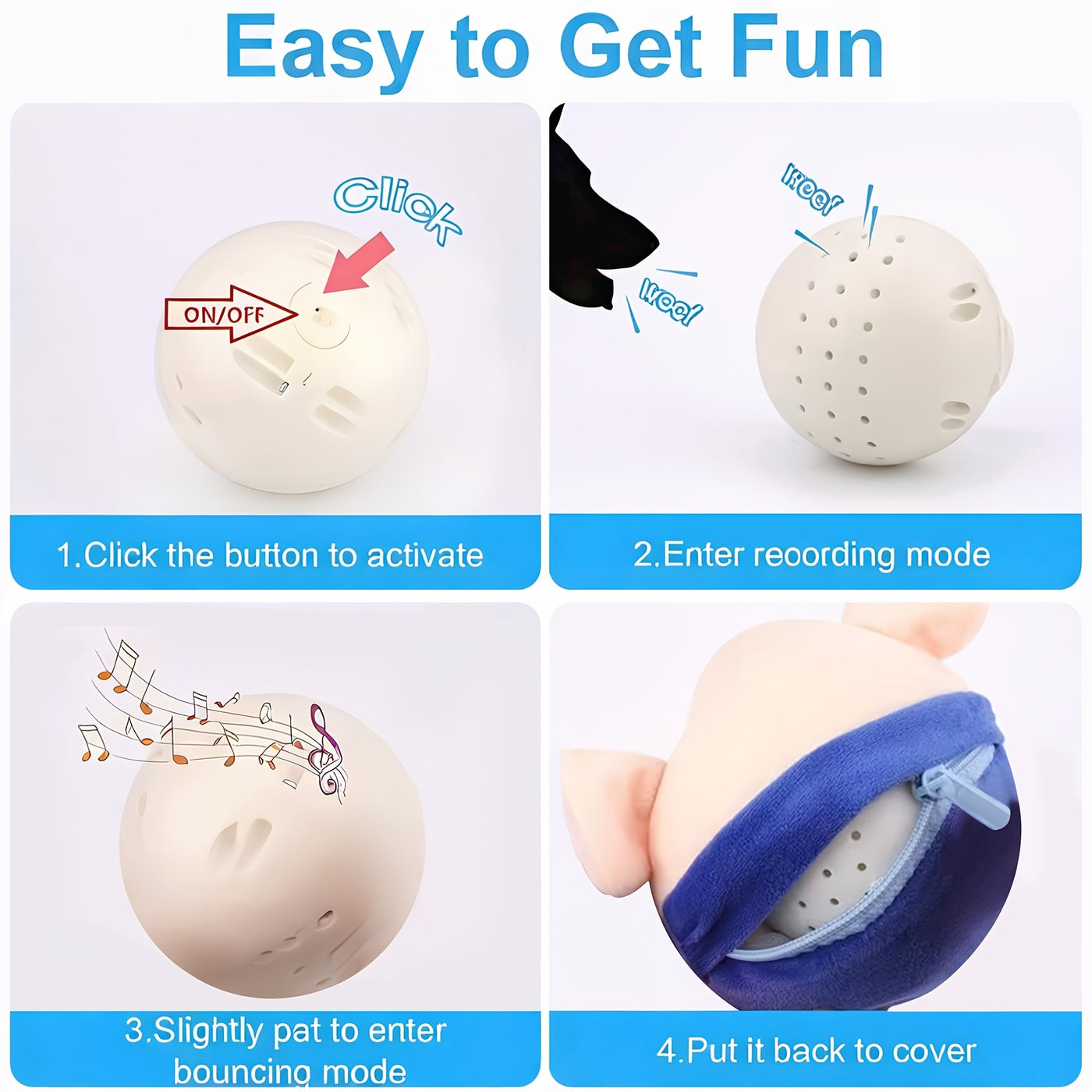 Electric Cartoon Pig Dog Toy – USB Rechargeable Auto Rolling Squeaky Vibrating Interactive Dog Toy Ball, Washable Electronic Pet Toy for Active Dogs, Blue & Red