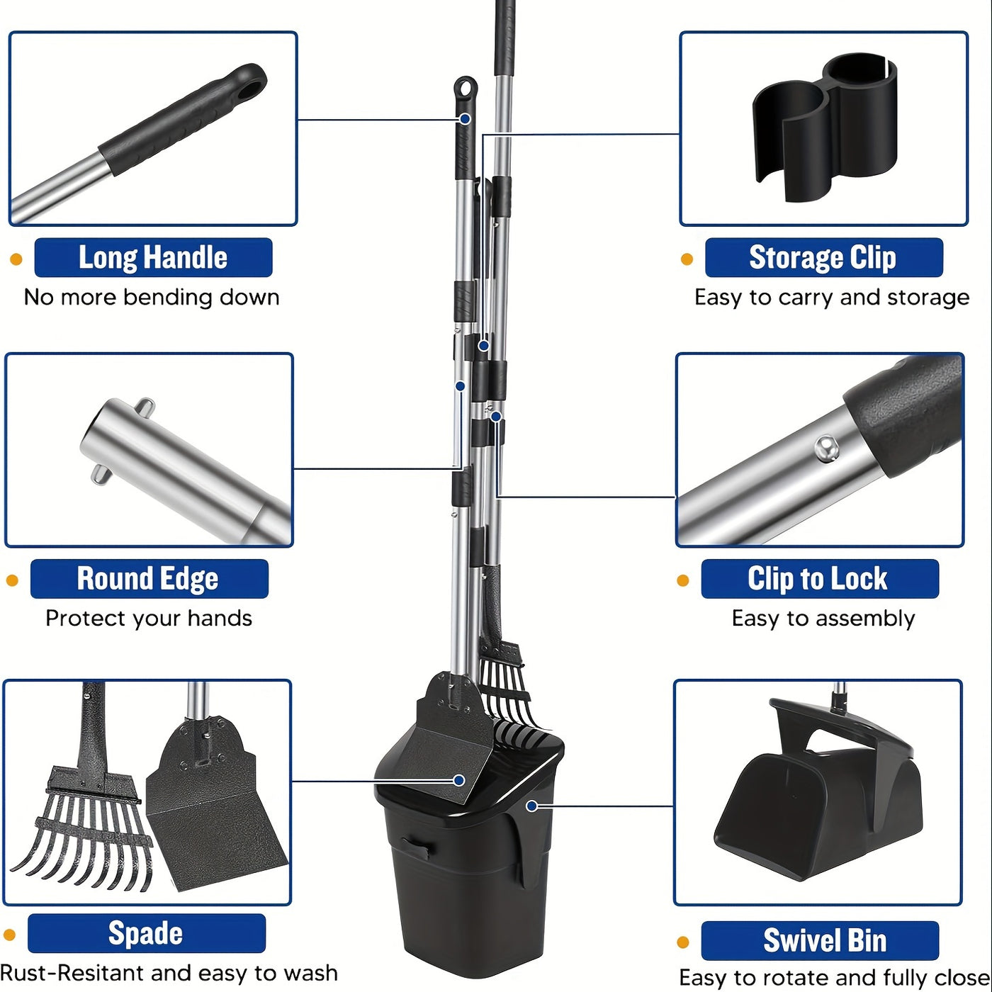 Dog Pooper Scooper Set Heavy Duty – Long Handle with Swivel Bin, Rake & Spade for Grass, Dirt & Gravel, Includes 40 Waste Bags, 2 or 3 Piece Set for Large Dogs