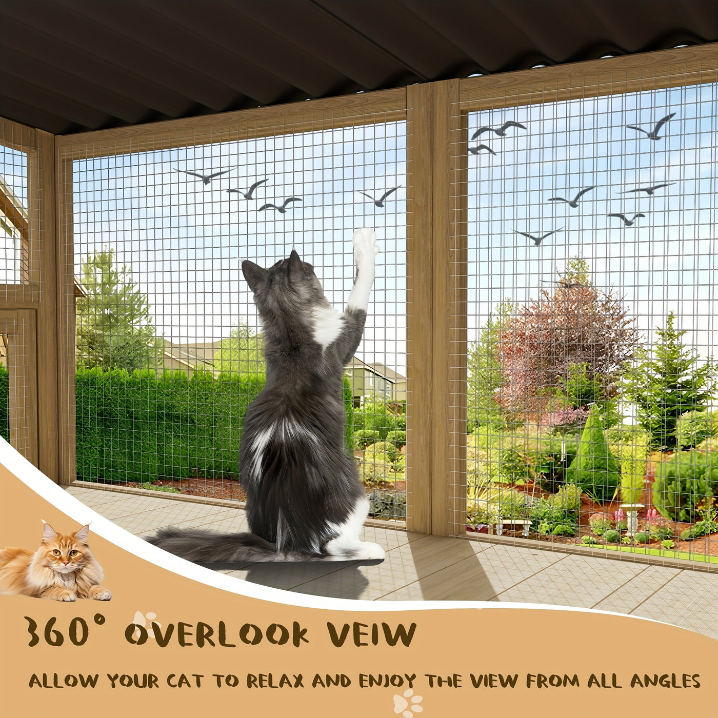 Cat Catio Window Perch Outdoor Enclosure for Large Cats - Wooden Window Box Hammock for Indoor Cats Sunbathing & Napping with 360° View, Rain-Proof Roof & Expandable Design