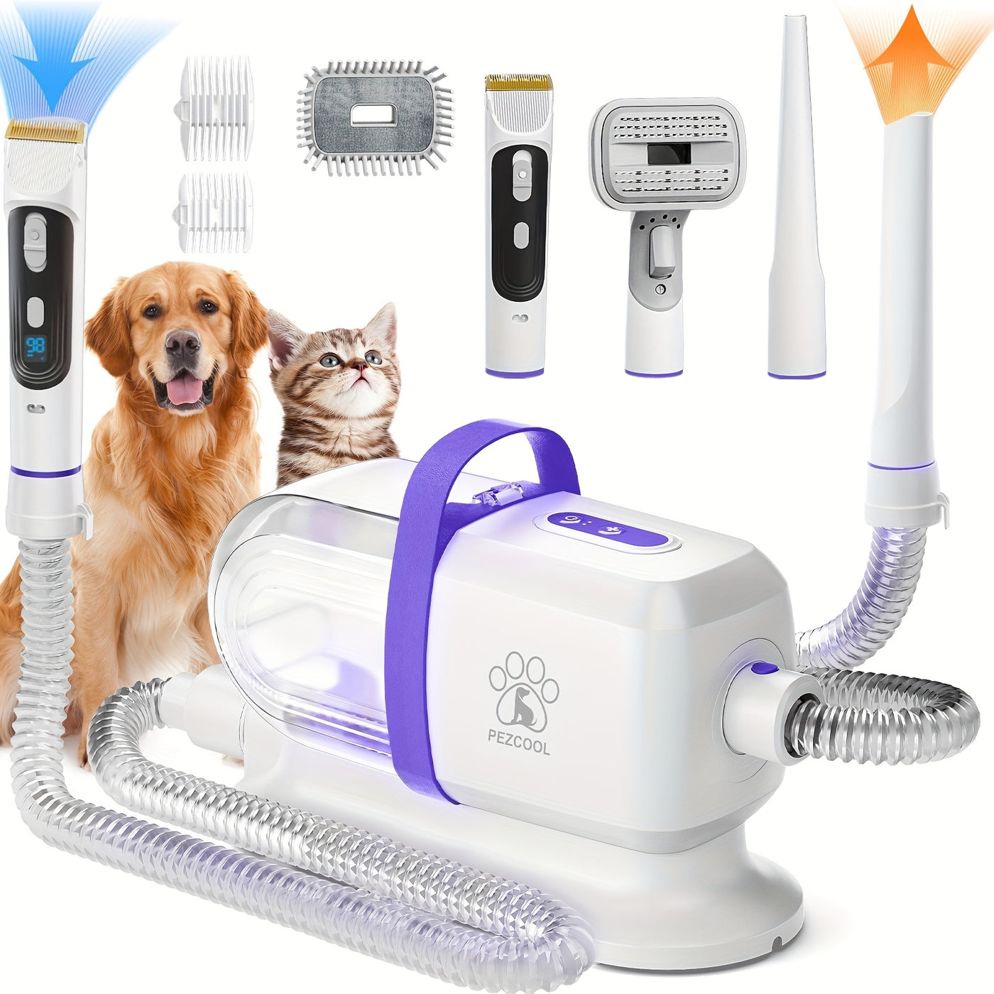 8-in-1 Pet Grooming Vacuum & Dog Hair Vacuum 12000Pa – Low Noise, 3 Suction Levels, 6 Grooming Tools, 74.39oz Large Dust Cup for Shedding Dogs & Cats | Orange & Purple