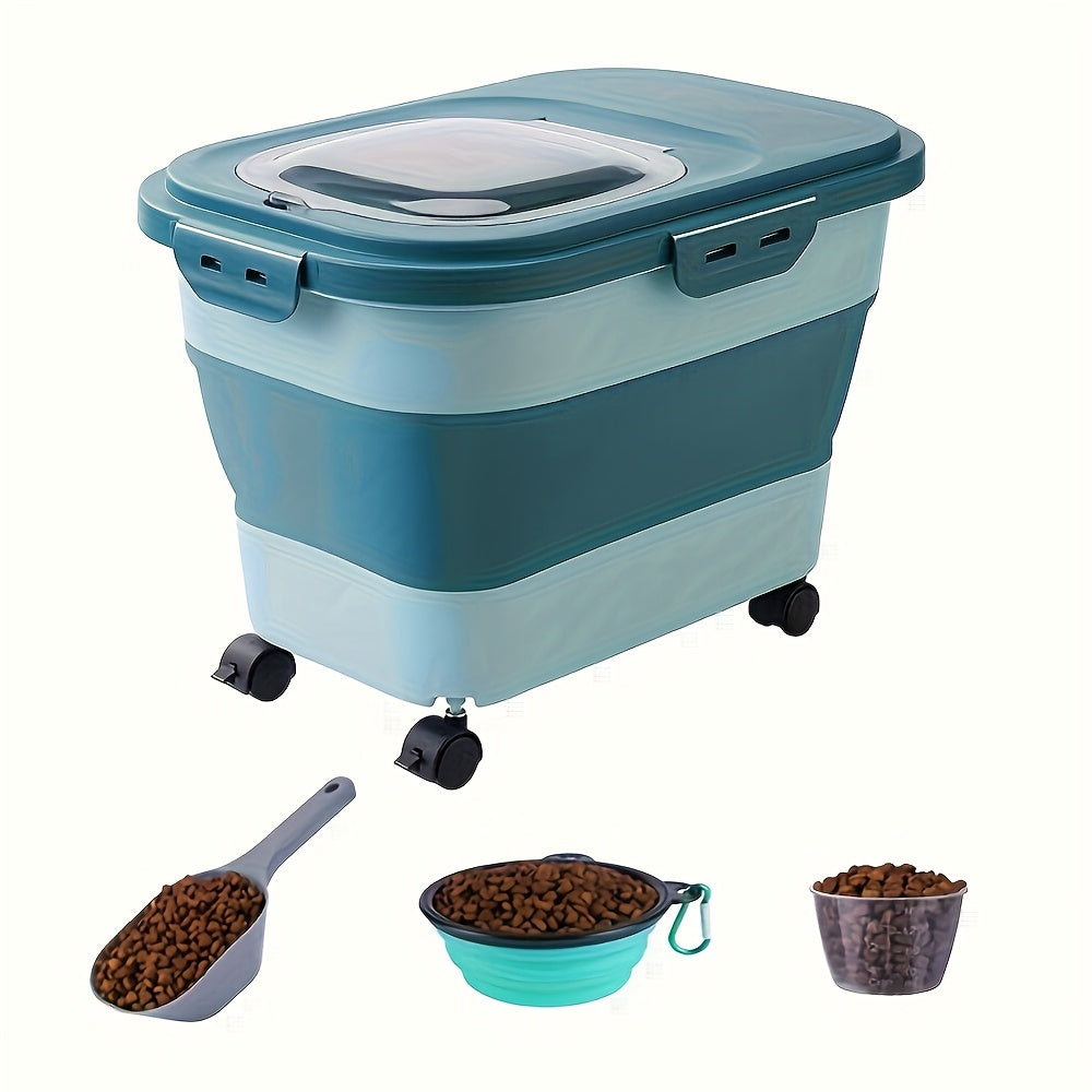 Pet Food Storage Container with Wheels - Large Capacity Airtight Dog Cat Dry Food Bin, Moisture & Insect Resistant, Foldable with Measuring Cup, Green Off-White Pink