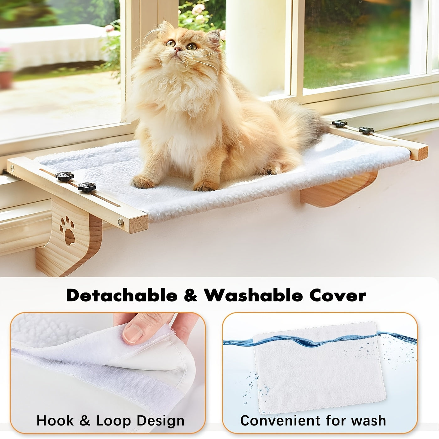 Cat Window Perch Hammock for Indoor Cats – Wood & Metal Frame for Large Cats, Adjustable Mount for Windowsill Bedside Drawer & Cabinet, Cozy Cat Shelf Seat