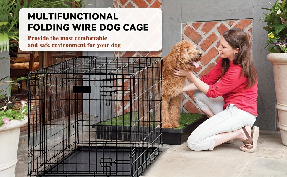 Folding Metal Dog Crate 42 & 48 Inch – Double Door Wire Dog Cage with Divider & Leak-Proof Tray for Puppies, Medium & Large Dogs, Indoor & Outdoor
