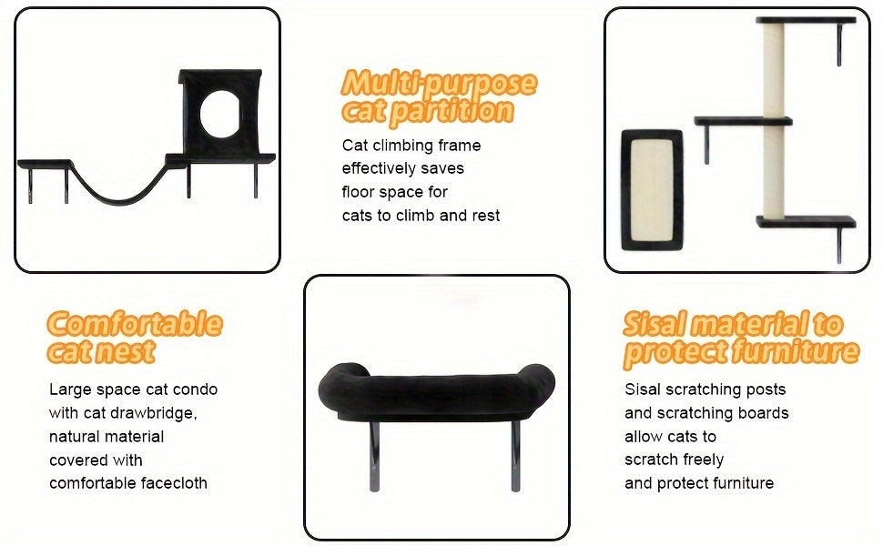 Wall Mounted Cat Climbing Shelf Set – 6 or 7 Piece Cat Wall Furniture with Scratching Post, Bridge, Ladder & Tunnel, Indoor Cat Condo for Cats of All Sizes