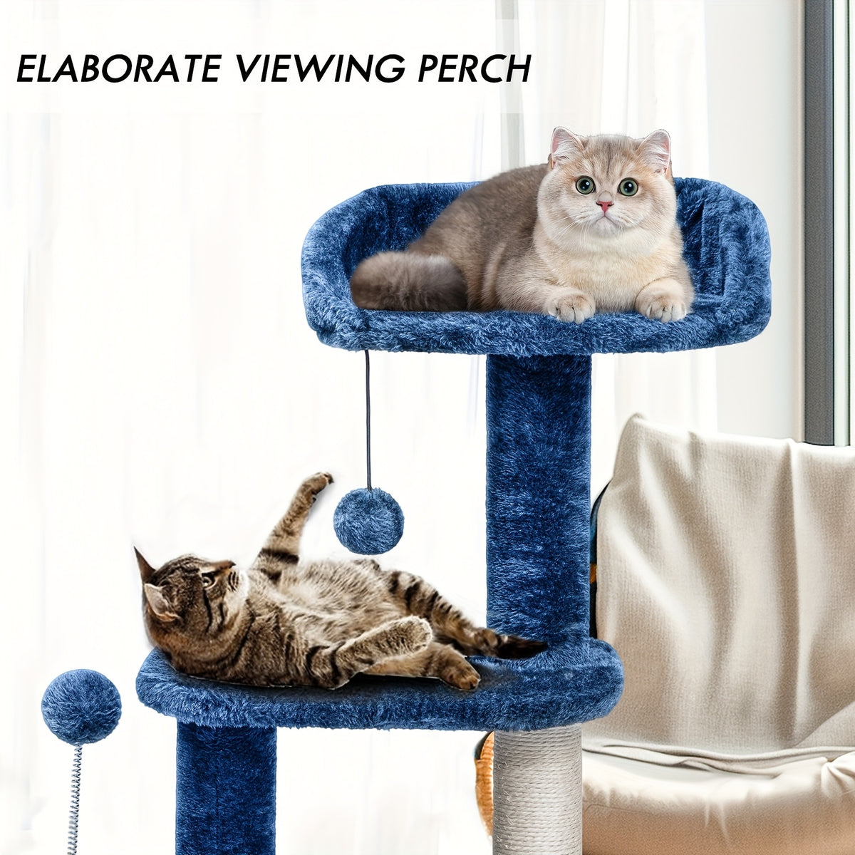 32-Inch Cat Tree with Condo, Sisal Scratching Post, Plush Perches & Pompom Toys for Indoor Cats - Denim Blue Multi-Level Cat Tower Activity Center