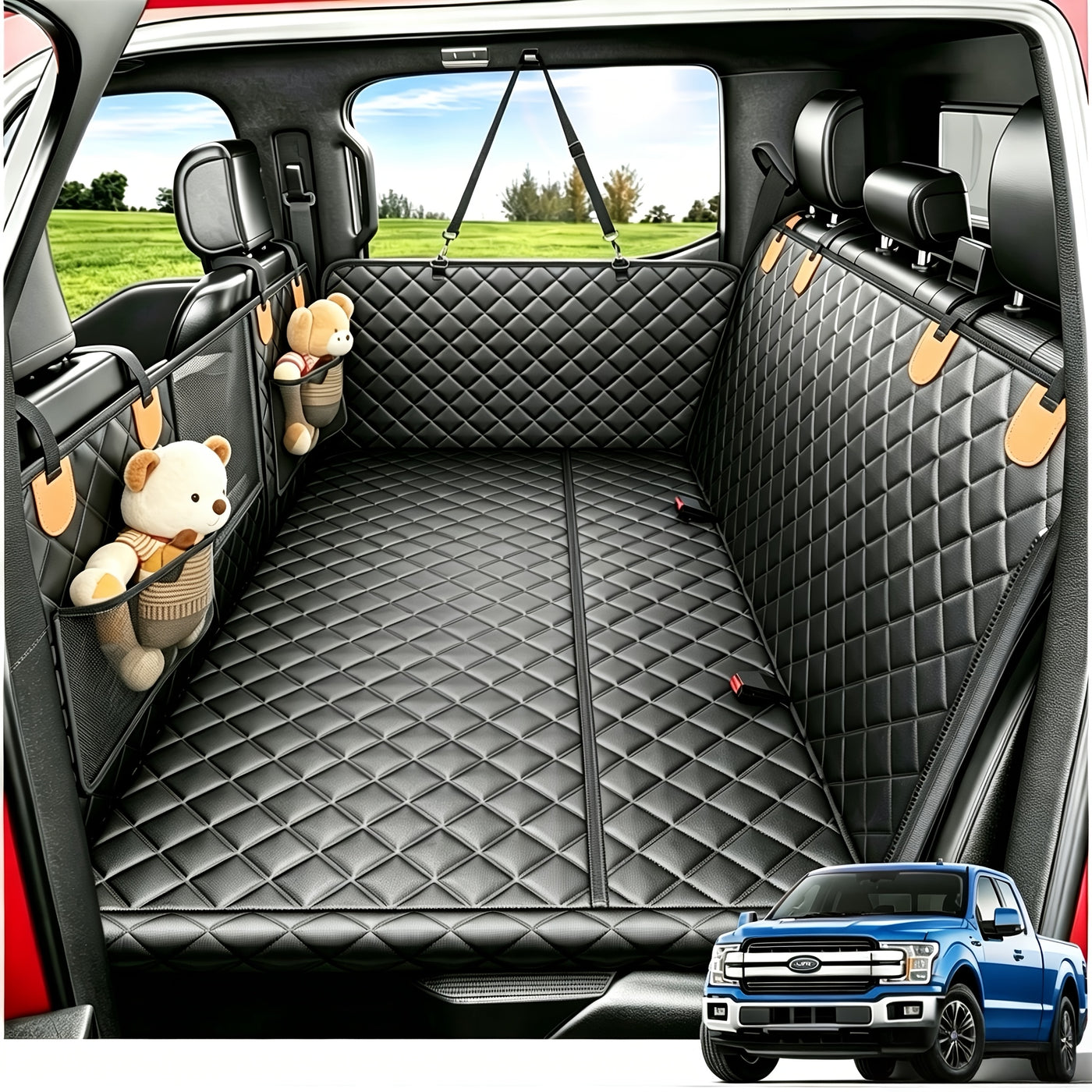 Dog Car Seat Cover Back Seat Extender with Hard Bottom - Holds 400lbs, Dog Hammock for Car SUV Truck, Mesh Window, 2 Storage Pockets, Non-Slip 6-Layer Fabric, Black