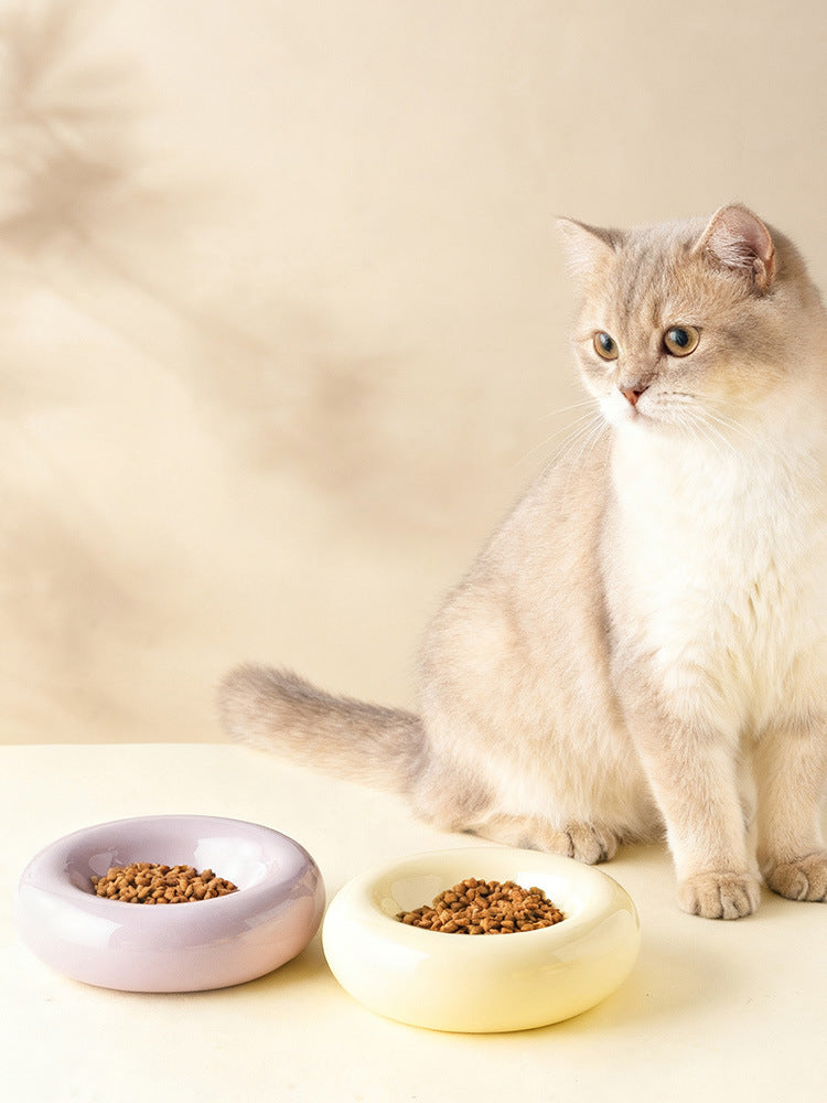 Donut Shaped Ceramic Cat Bowl Wide Opening – Anti-Tip Minimalist Pet Food & Water Dish with Stable Base, 4.92 Inch, 8 Colors