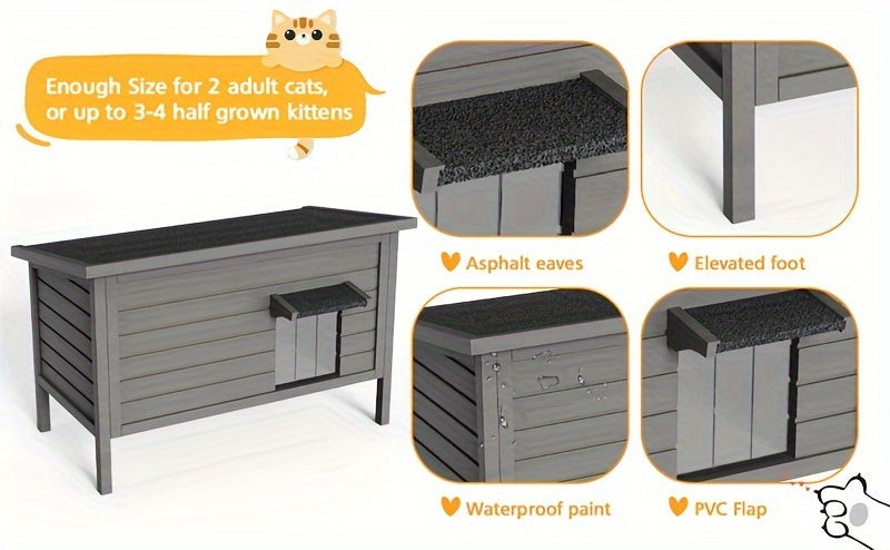 Outdoor Cat House Insulated Waterproof – 6-Side Foam Insulated Solid Wood Feral Cat Shelter with Feeding Station, Fits 2-3 Cats, 34.4"L×21.7"W×27.2"H