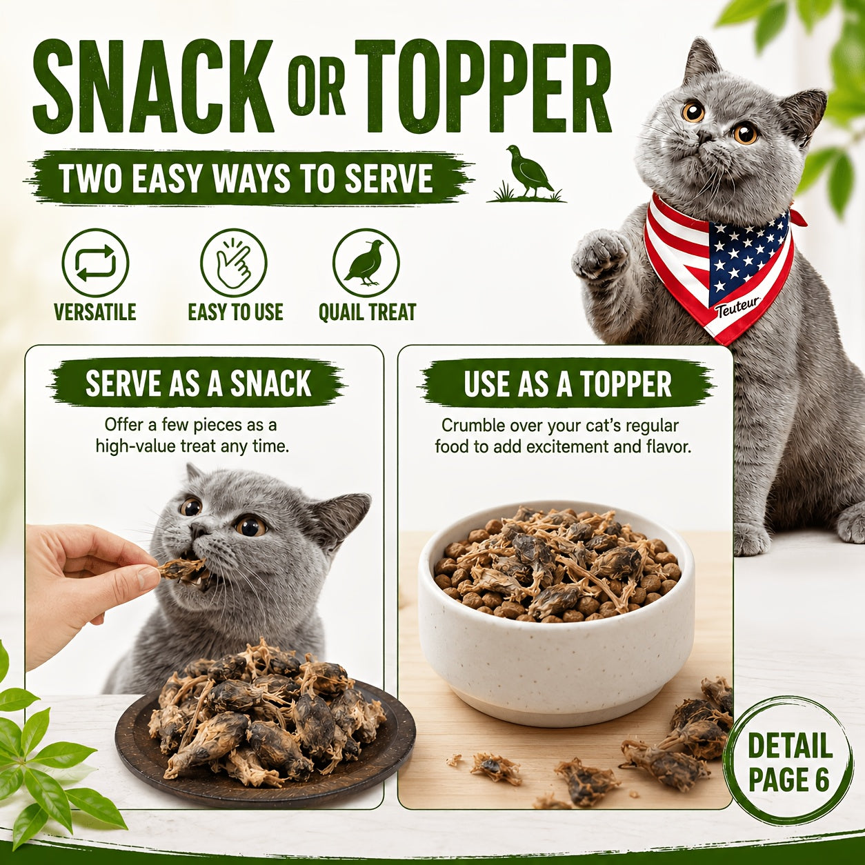 Freeze Dried Whole Quail Cat Treats Single Ingredient High-Protein Crunchy Raw Style Snack for Cats Dogs Kittens Training Reward Daily Feeding