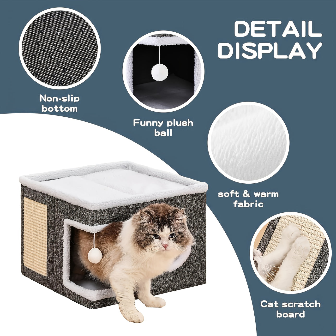 Multi-Layer Foldable Cat House with 2-Tier Bed Tunnel & Scratching Post - Cozy Indoor Cat Cube Enclosure with Plush Mat Hanging Ball Nylon Frame, All-Season Cat Hideaway