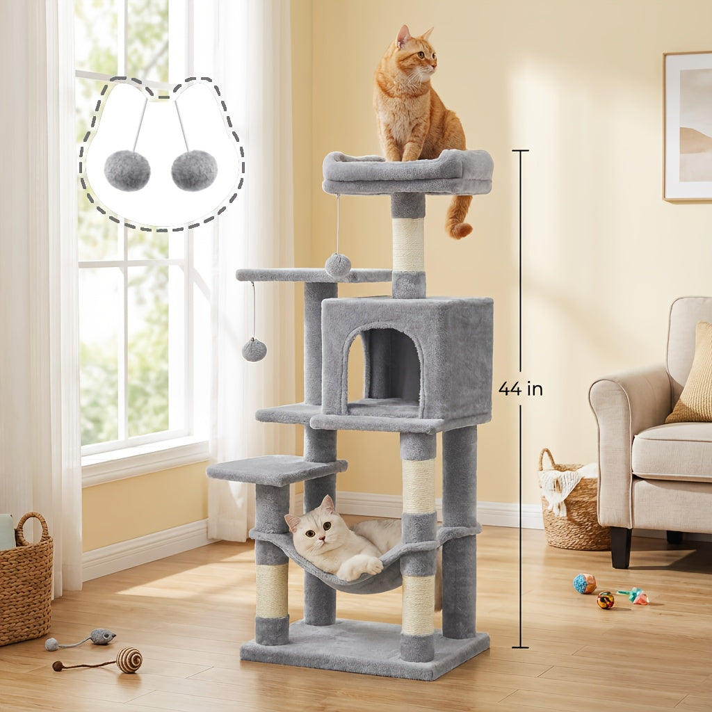 Multi-Level Cat Tree Tower with Cave & Plush Hammock - 44/66/79in Tall Cat Condo, 4 Sisal Scratching Posts, 2 Perches, Anti-Tilt, Pompom Toys for Multi-Cat Families, 5 Colors