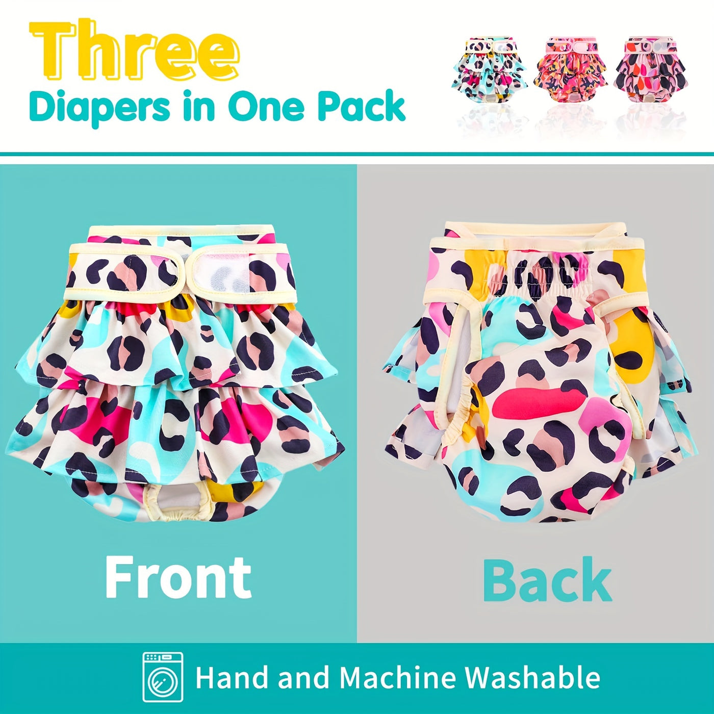 Washable Female Dog Diapers 3-Pack - Reusable Highly Absorbent Dog Period Panties, Flexible Fit, XS to L, for Heat Cycles, Incontinence & Puppy Training, 3 Patterns