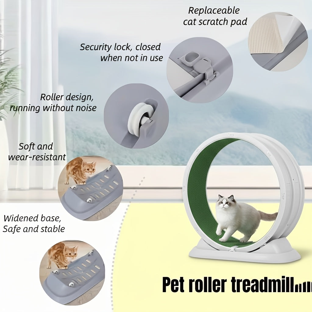 Cat Exercise Wheel Treadmill XXL – Durable Plastic Indoor Running Wheel for All Breed Sizes, No Battery Needed, Cartoon Design Cat Fitness Toy