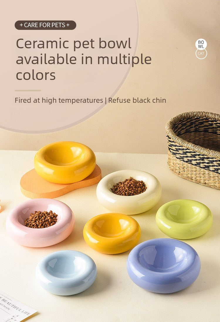 Donut Shaped Ceramic Cat Bowl Wide Opening – Anti-Tip Minimalist Pet Food & Water Dish with Stable Base, 4.92 Inch, 8 Colors