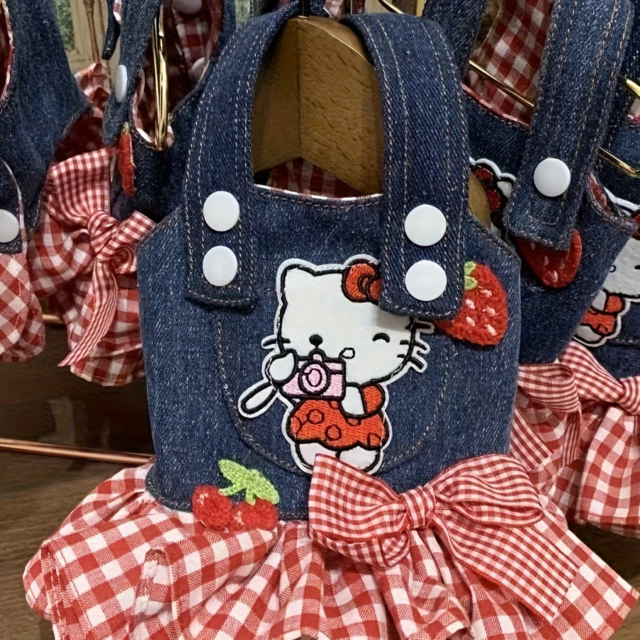 Hello Kitty Pet Dress Red White Plaid Pleated Skirt with 3D Bow & Strawberry – Sanrio Licensed Holiday Party Dress for Small Dogs Cats, XS-XL, Christmas Gift