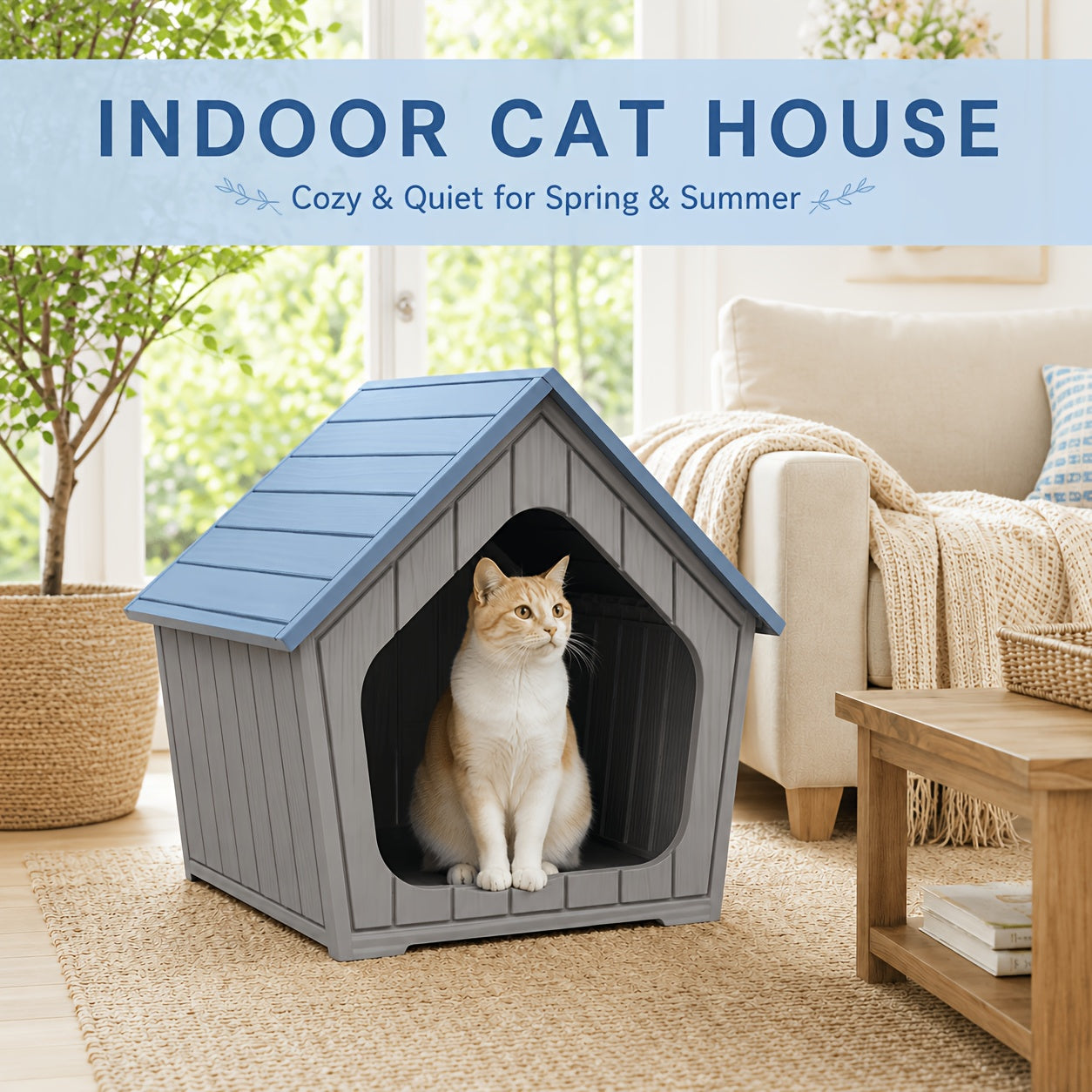 XL Resin Cat House Outdoor & Indoor with Raised Floor Resin Roof Easy Assembly - Weatherproof Cat Play Cage & Small Animal Enclosure 23.43" x 22.64" x 22.8"