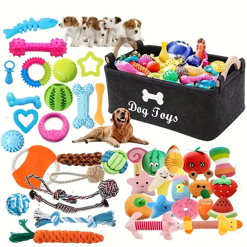 Dog Toy Set 6 or 12 Pcs – Fabric Chew Toys with Squeakers, Knot Toys & Balls, Teeth Cleaning, All Breed Sizes, Cartoon Pattern, No Battery Needed