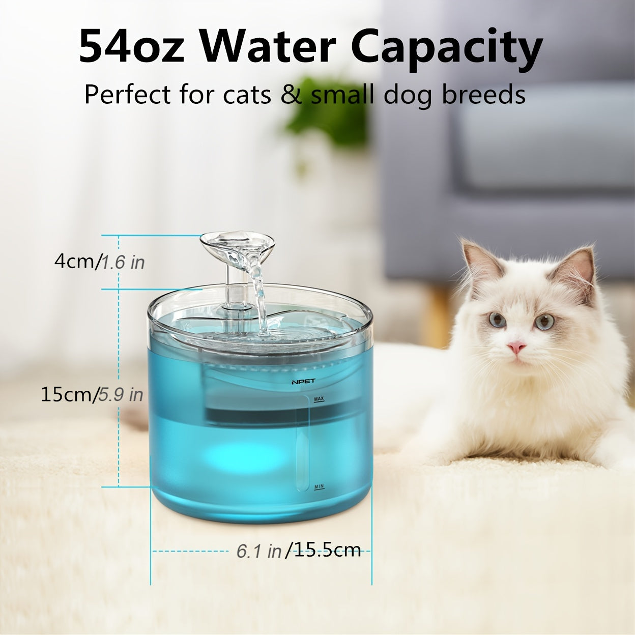 Cat Water Fountain 54oz Ultra Silent – LED Light USB Automatic Drinking Fountain with Triple Filter for Indoor Cats & Small Dogs
