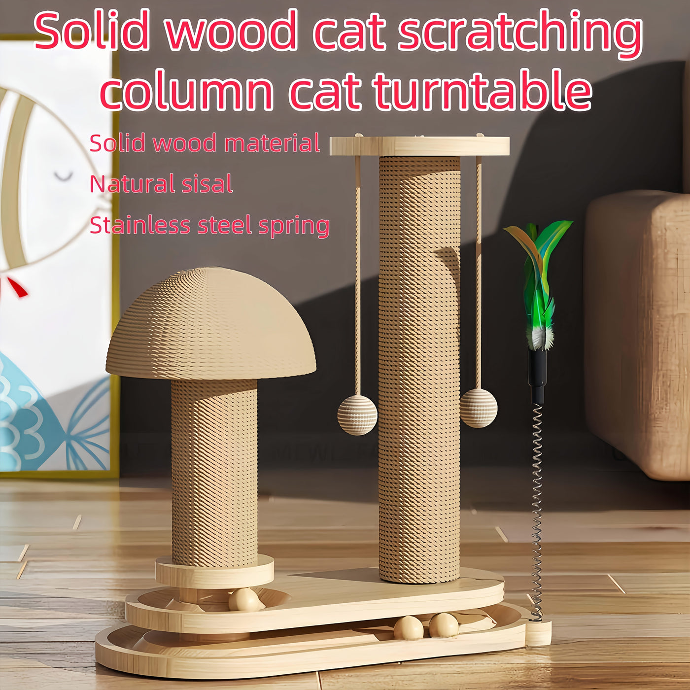 Cat Scratching Post Mushroom Shape – Solid Wood Sisal Scratcher with Wide Stable Base, Claw Maintenance & Climbing for Kittens and Cats, M or L