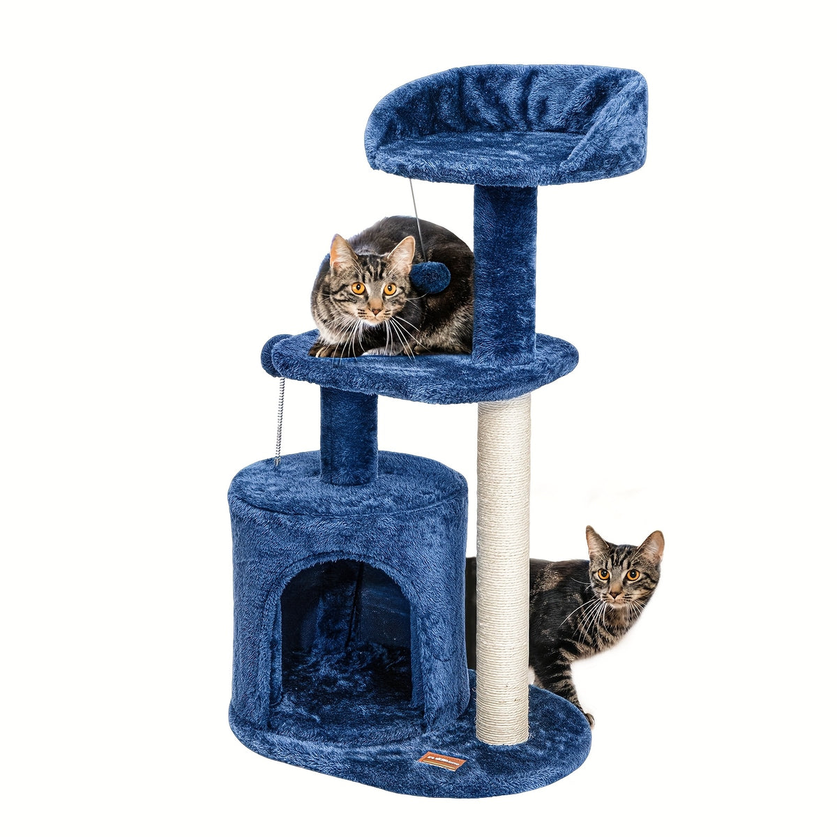 32-Inch Cat Tree with Condo, Sisal Scratching Post, Plush Perches & Pompom Toys for Indoor Cats - Denim Blue Multi-Level Cat Tower Activity Center