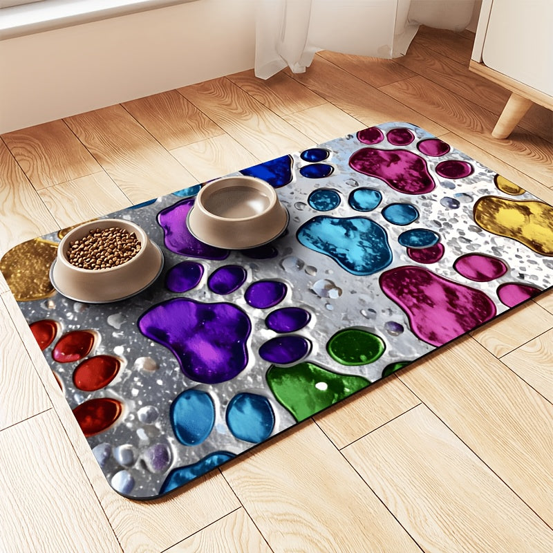 Pet Feeding Mat Absorbent Splash-Proof Non-Slip – Quick-Dry Heavy-Duty Floor Protector for Dogs & Cats, Colorful Paw Pattern, S/M/L/XL