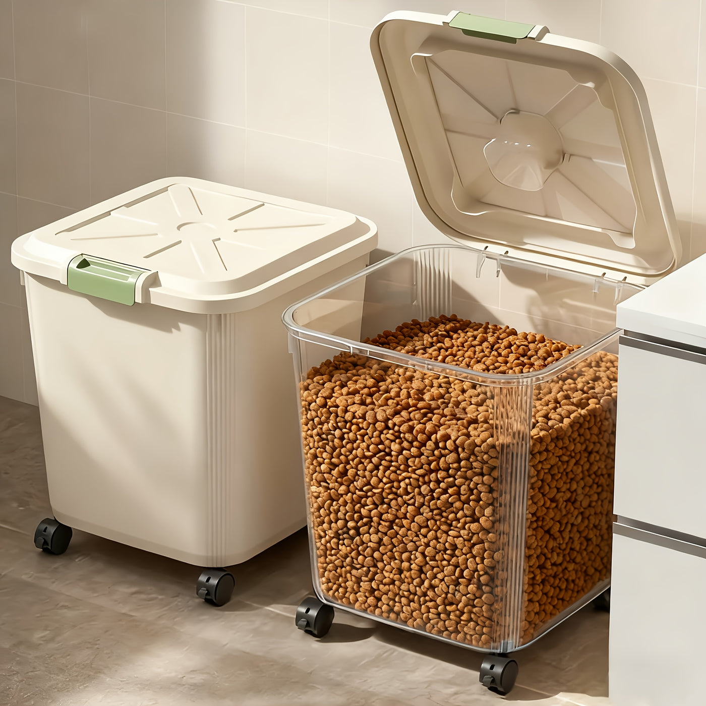 Pet Food Storage Container with Wheels – Sealed Lockable Transparent Rolling Bin with Scoop for Dog Cat Bird Food, 11lb / 22lb / 33lb