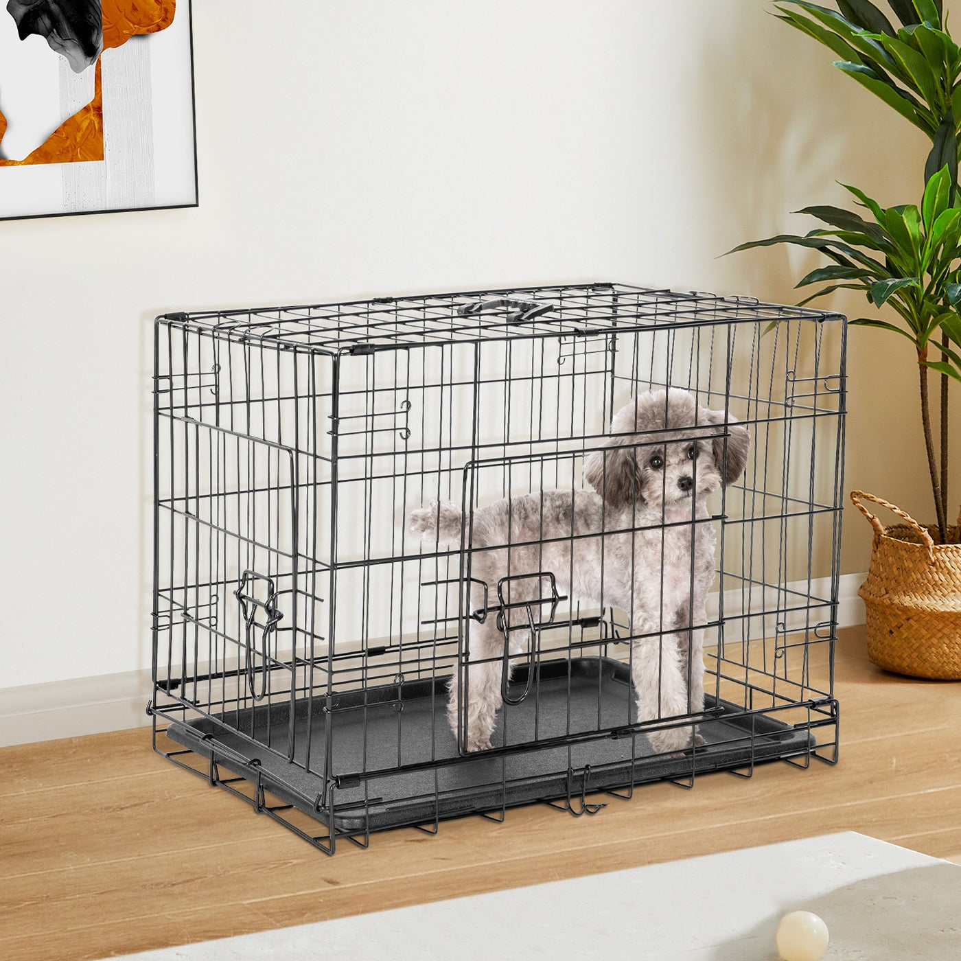 Folding Wire Dog Crate with Divider Double Door Leak-Proof Tray Indoor Outdoor Travel Kennel for Small Medium Large Dogs 24 30 Inch