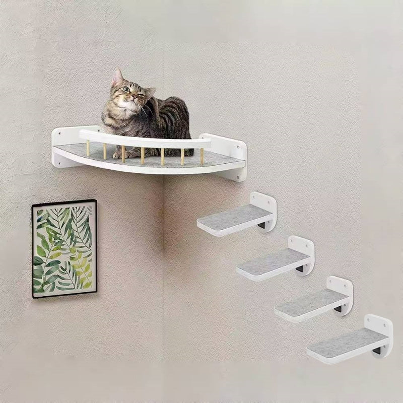 Wall Mounted Cat Shelves 5-Piece Set with Climbing Steps & Felt Pads – Cat Wall Furniture Hammock Rack, Holds 20 lbs, Black or White Wood