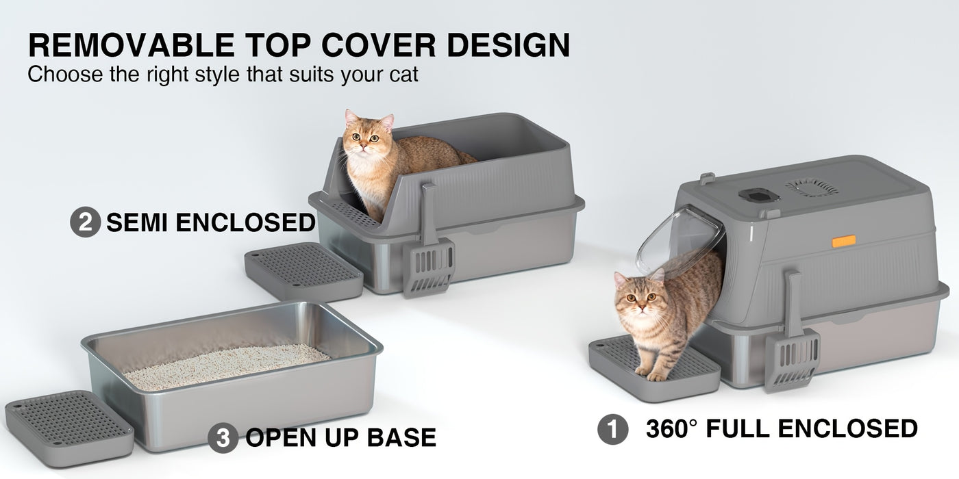 Extra Large Stainless Steel Cat Litter Box with Lid Enclosed Foldable Anti-Splash Indoor Cat Toilet with Front Flap Door Superior Odor Control