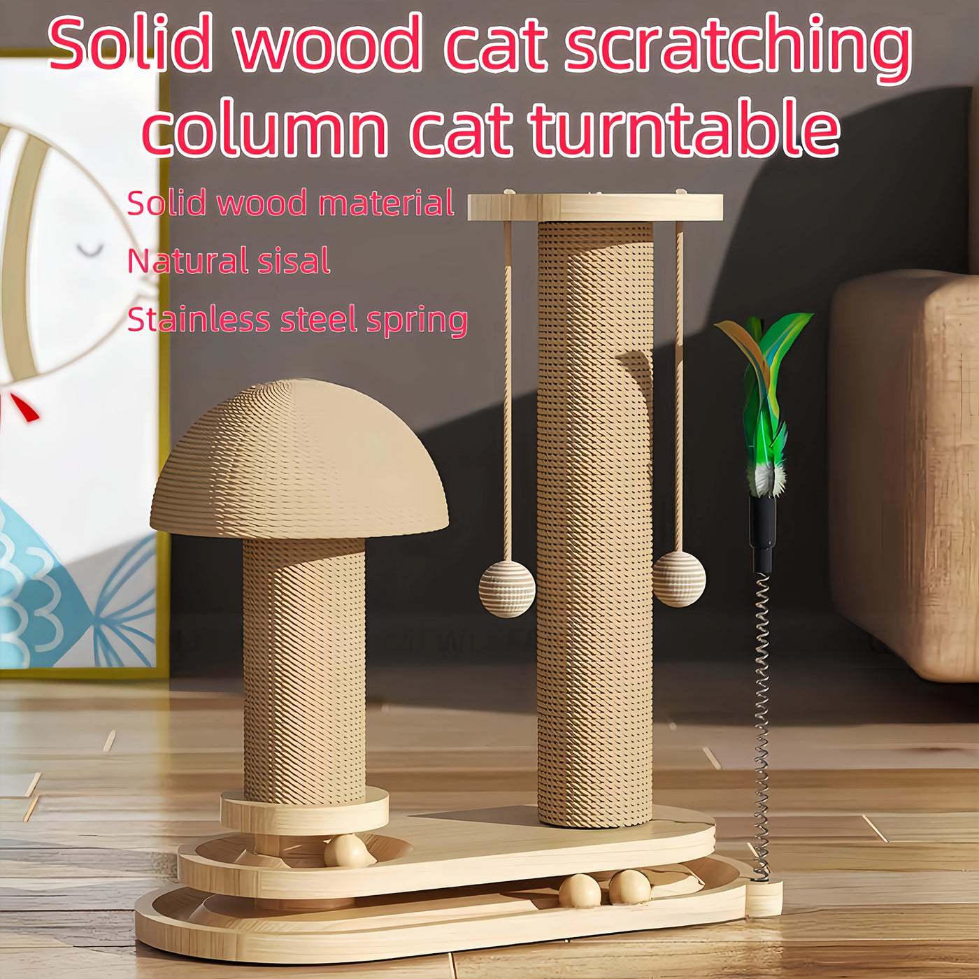Cat Scratching Post Mushroom Shape – Solid Wood Sisal Scratcher with Wide Stable Base, Claw Maintenance & Climbing for Kittens and Cats, M or L