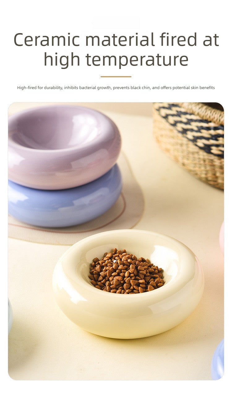 Donut Shaped Ceramic Cat Bowl Wide Opening – Anti-Tip Minimalist Pet Food & Water Dish with Stable Base, 4.92 Inch, 8 Colors