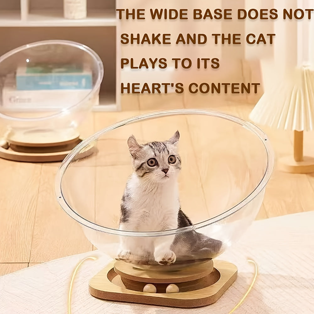 Space Capsule Cat Scratcher House 2-in-1 with Rail Ball Toy - Transparent Rotating Cat Play House Scratching Post Furniture Protector for Kittens & Cats, Interactive Cat Toy