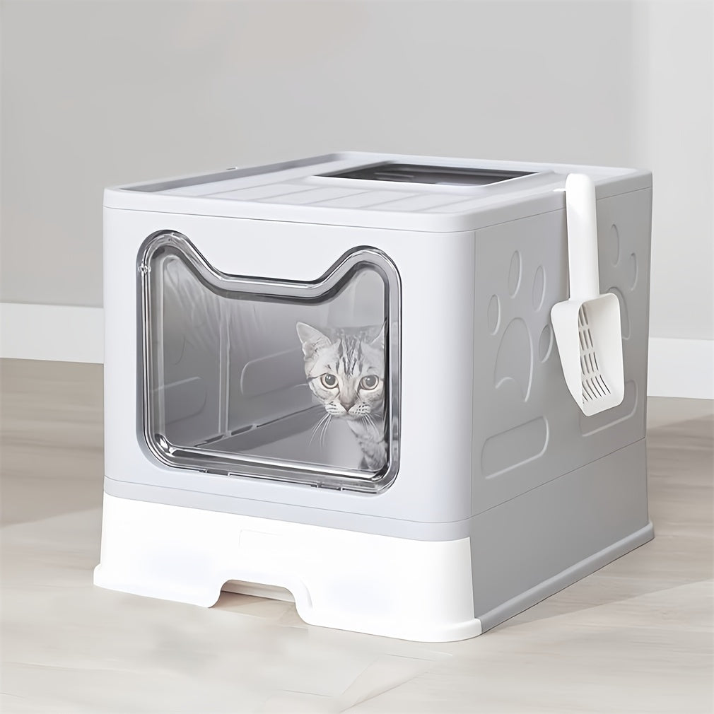 Large Top-Entry Cat Litter Box with Drawer Tray & Scoop - Odor Control Self-Cleaning Cat Toilet for Cats Up to 10kg, Modern Design Foldable Litter Box, Gray/Pink