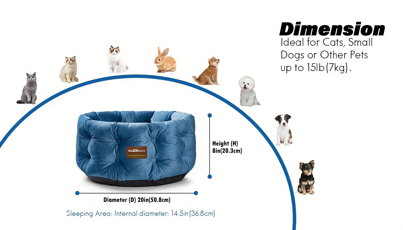 Deep Nest Round Cat Bed for Indoor Cats - Velvet Plush, Extra High Sides, Non-Slip Bottom, Machine Washable, 20x20x8in Cat Bed for Small Pets up to 15lbs, Steel Blue & Warm Beige