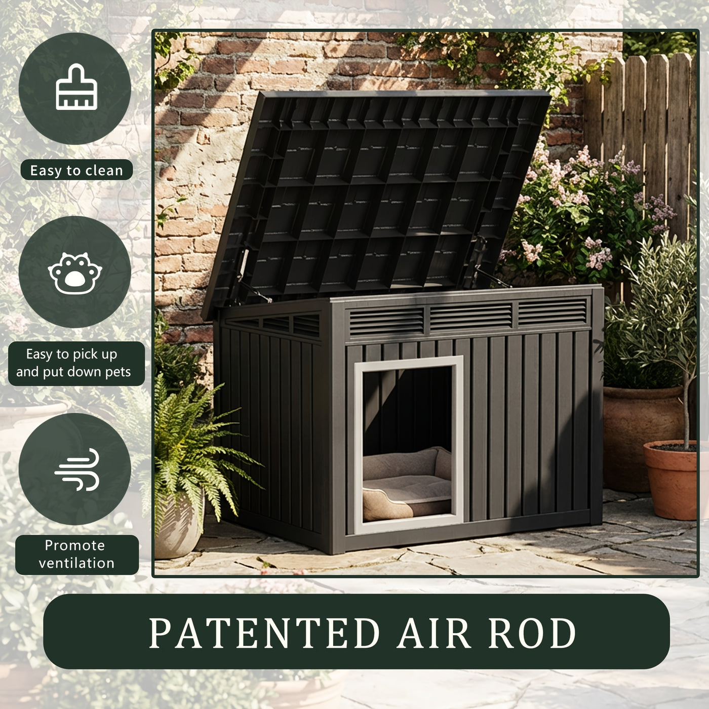 XXXL Outdoor Dog House for Large Dogs – All-Weather Resin Kennel with Gas-Lift Ventilated Canopy, UV-Proof & StormProof Design, Easy Assembly Shelter for Multi-Pet Households