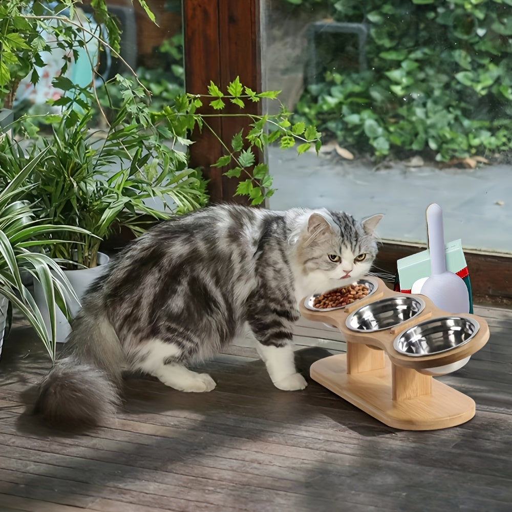 Elevated Cat Bowl Set Stainless Steel – Food & Water Bowls on Stand with Divider Spoon for Cats, Kittens, Puppies & Small Pets