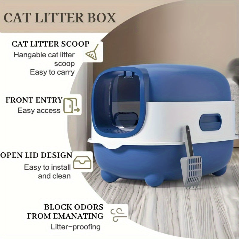 Extra Large Enclosed Cat Litter Box with Drawer & Scoop - Anti-Odor Anti-Splash Easy Clean Indoor Outdoor Cat Toilet, Blue/Gray/Purple, Safe Comfortable for Cats