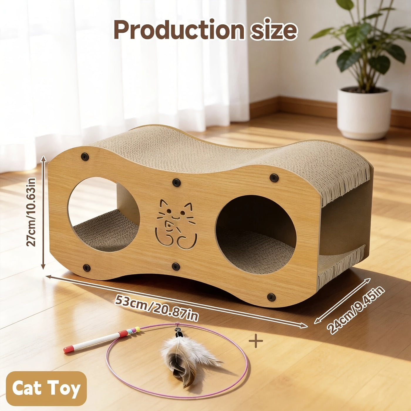 Cat Scratching Post with Integrated Woven Bed & Cat Toy - Sturdy Wood Base 4-Season Scratch Pad for Indoor Cats, Lounging & Play, Oak or Walnut Color