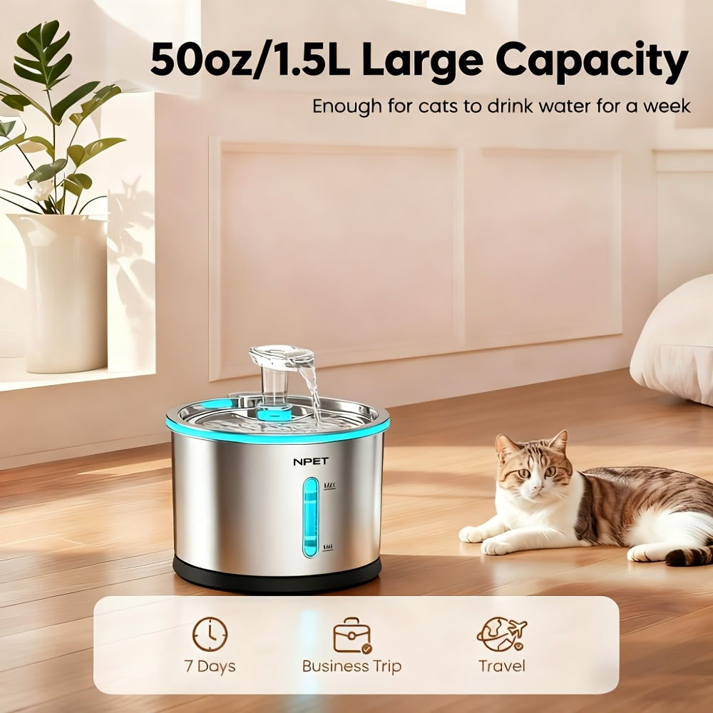 Stainless Steel Cat Water Fountain 50oz/1.5L with Filter - Ultra Quiet Auto Pet Water Dispenser, Dishwasher Safe, LED Visible Window for Cats & Dogs Indoor