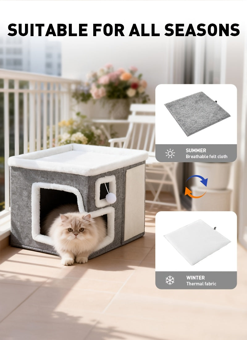 Indoor Cat House Condo 3-in-1 – Cat Bed Sleep Play & Scratch Box, Luxury Wooden Cube Ottoman Cat Cave Hideaway for Large Cats, Multi-Cat Friendly, Light Gray (Regular & Large)