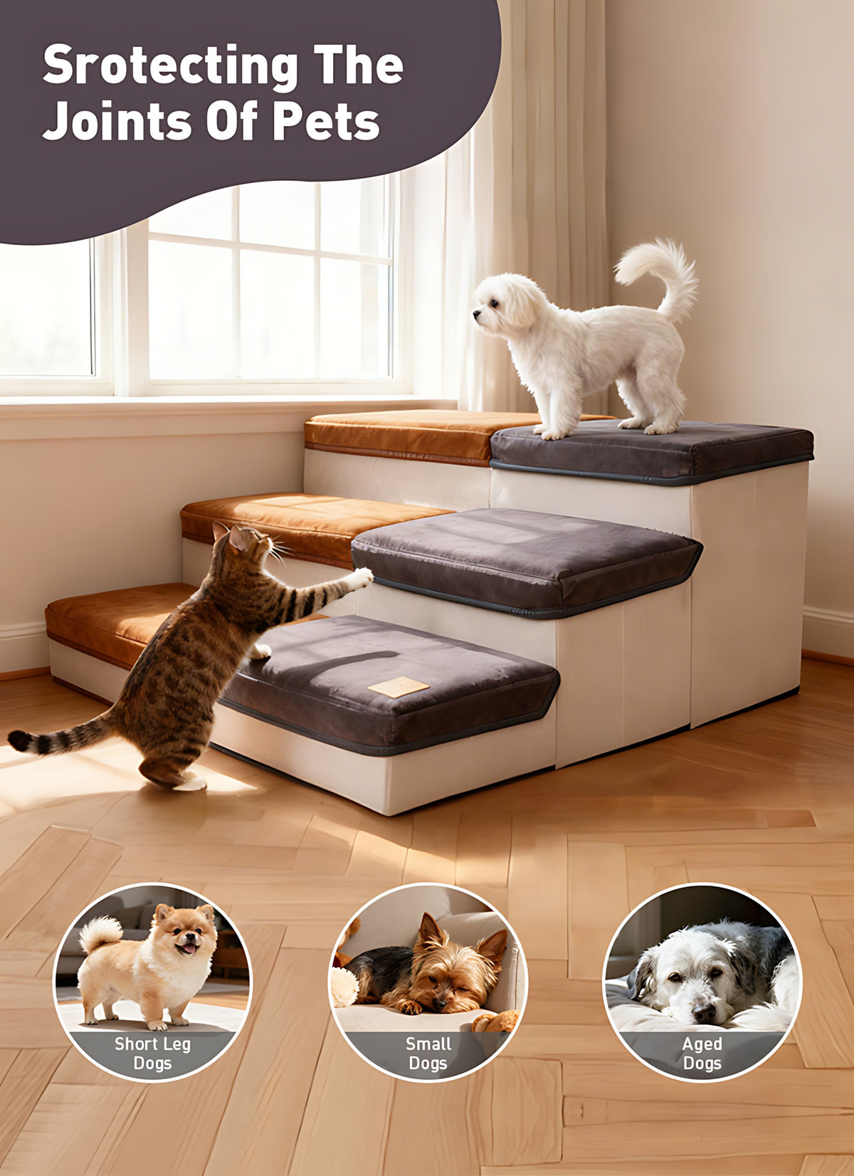 3-Tier Foldable Dog Stairs with Non-Slip Surface – Pet Steps for High Beds & Sofas, Small & Extra-Small Dogs, Nylon Ramp with Plush Chicken Toy, Coffee & Gray