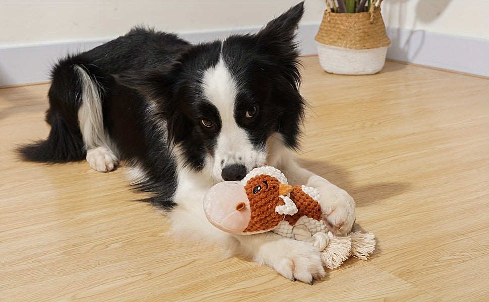Squeaky Plush Dog Toy Cow – Interactive Tug of War Chew Toy with Crinkle Paper & IQ Training for Small Medium Large Dogs