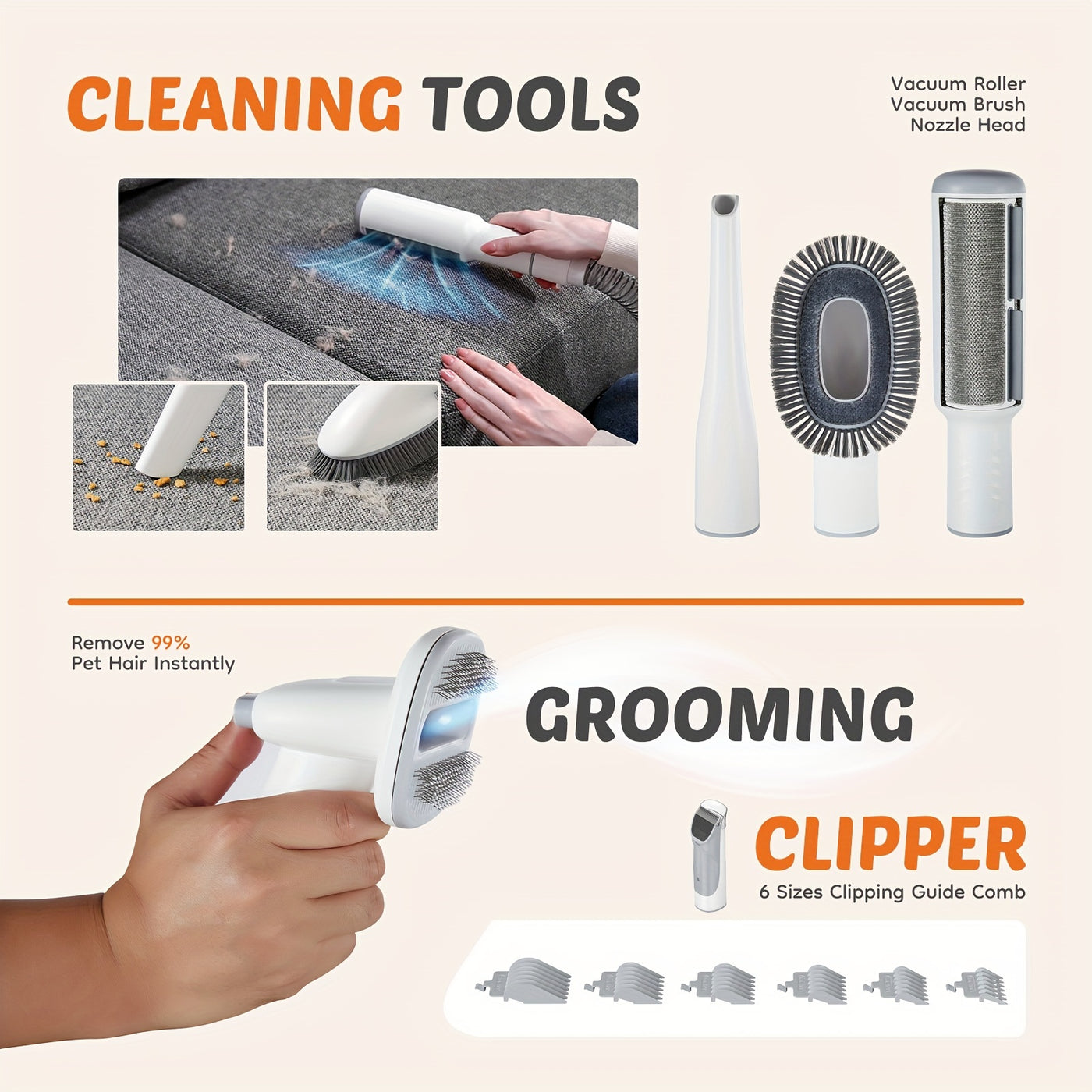 Pet Grooming Vacuum Kit 5-in-1 – Dog & Cat Hair Clipper with 99% Suction Vacuum, 6 Guide Combs, Professional Low-Noise Grooming Tools for Dogs Cats, White Grey & White Blue