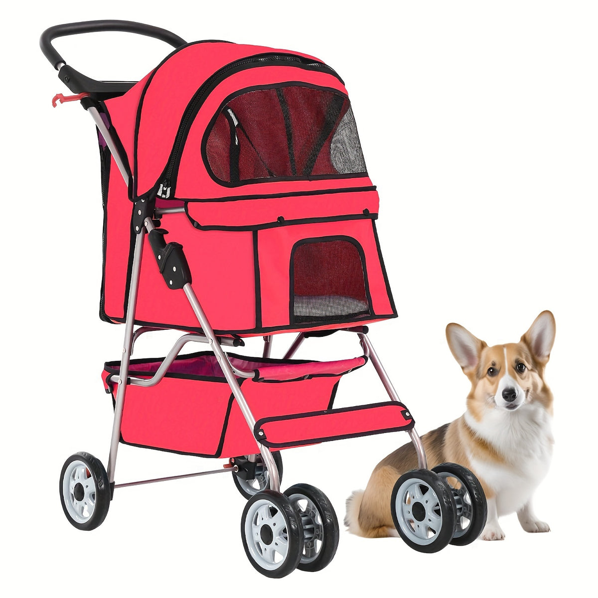 4-Wheel Pet Stroller for Cats & Dogs – Portable Breathable Stroller with Storage Basket & Cup Holder for Outdoor Walks | Black, Blue, Pink, Purple, Red