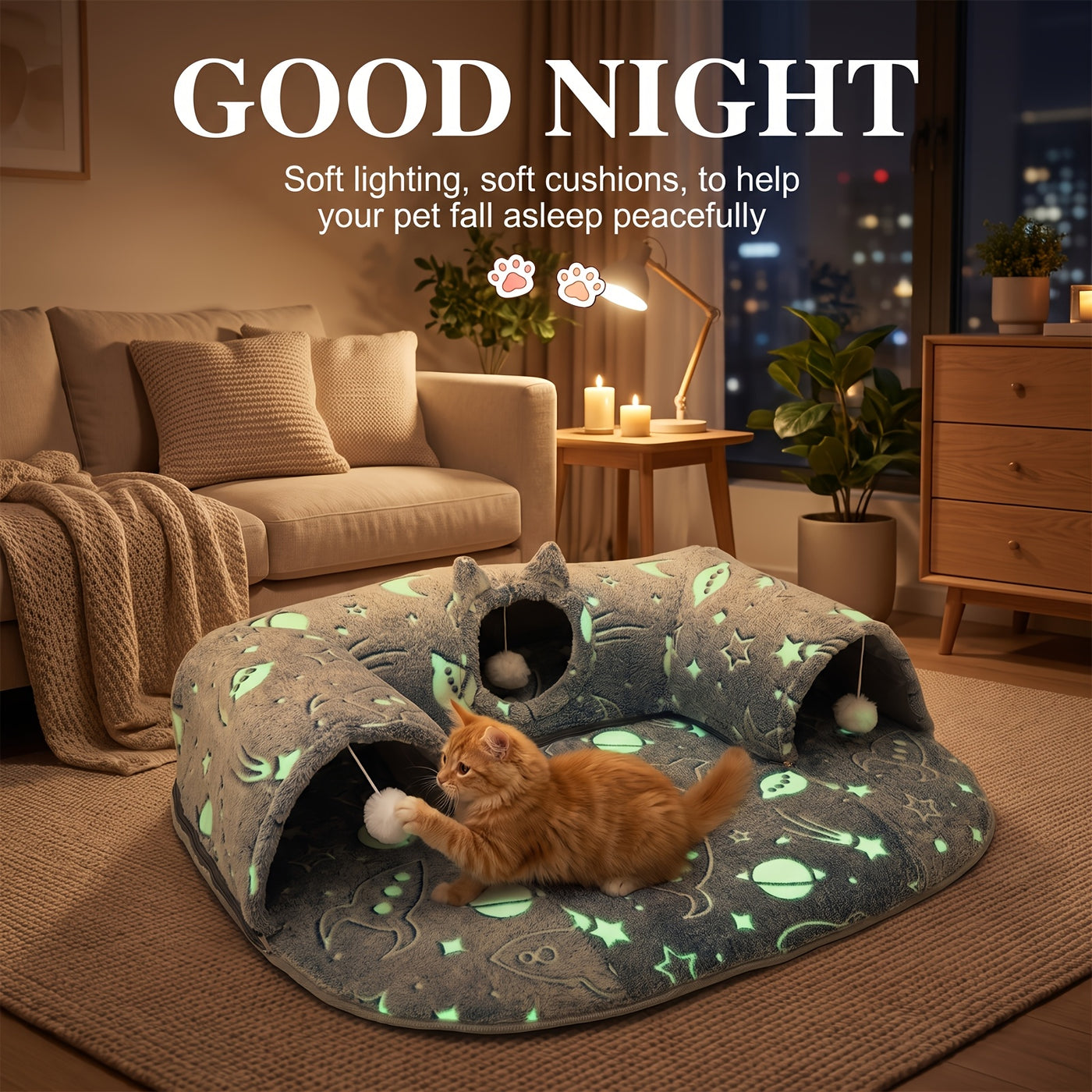 Cat Tunnel Bed with Memory Foam & Glow-in-the-Dark Stars - Detachable Plush Cat Condo, 3D Support, Hanging Ball, Machine Washable Pet Nest for Indoor Cats, 29.5x21.6in