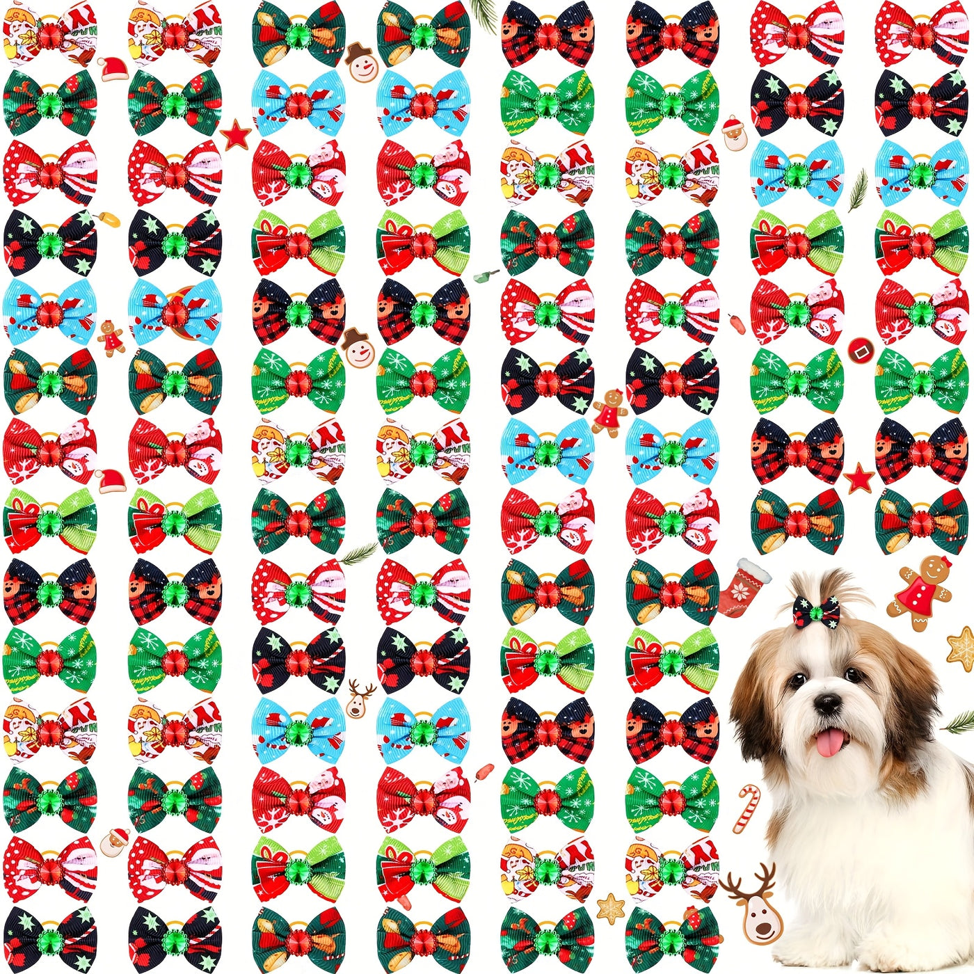 Christmas Dog Bows 100 Pack – Rhinestone Hair Bows with Bands for Dogs & Puppies, Santa Claus Christmas Tree Elk Snowflake Grooming Accessories, Holiday Pet Hair Bow Gift Set