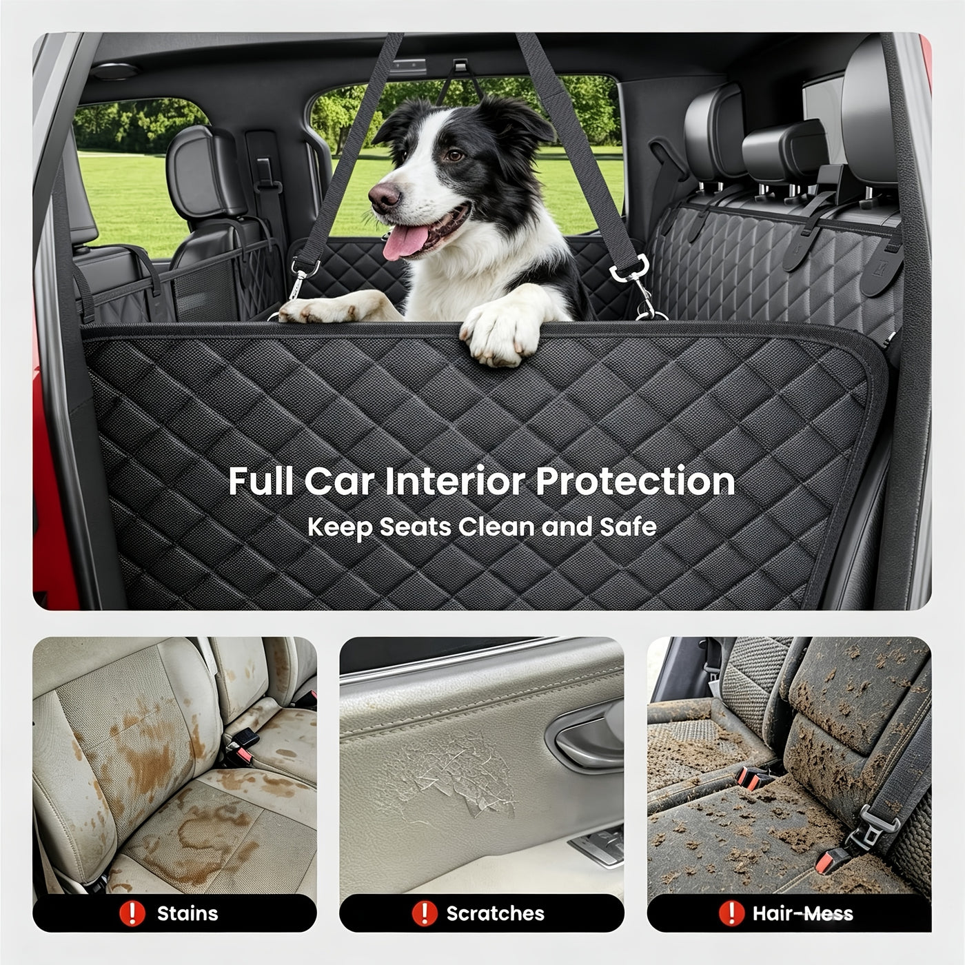 Dog Car Seat Cover Back Seat Extender with Hard Bottom - Holds 400lbs, Dog Hammock for Car SUV Truck, Mesh Window, 2 Storage Pockets, Non-Slip 6-Layer Fabric, Black