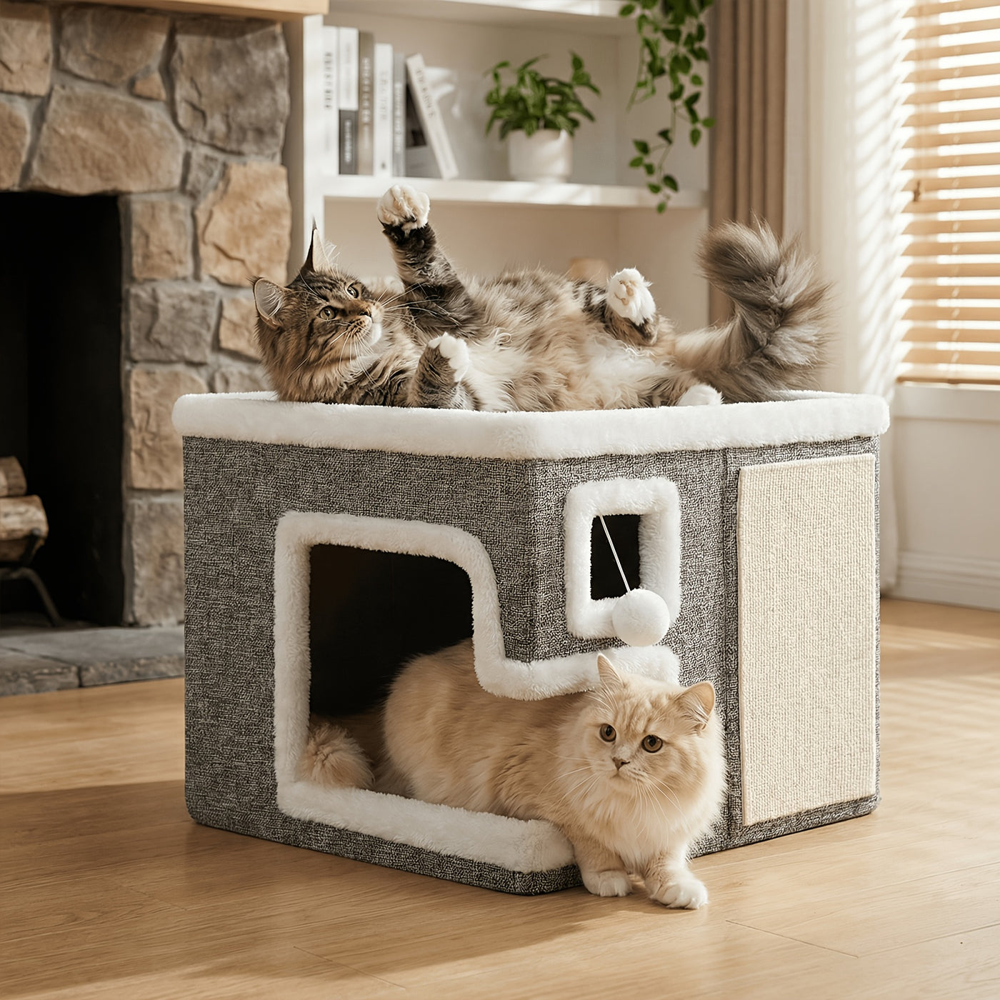 Indoor Cat House Condo 3-in-1 – Cat Bed Sleep Play & Scratch Box, Luxury Wooden Cube Ottoman Cat Cave Hideaway for Large Cats, Multi-Cat Friendly, Light Gray (Regular & Large)